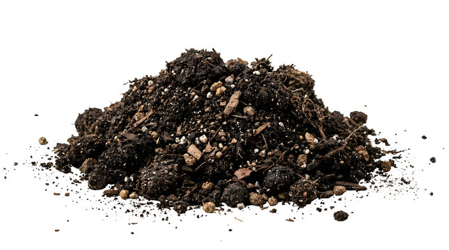 Dark rich potting soil mound isolated on transparent background for gardening and plant care graphics
