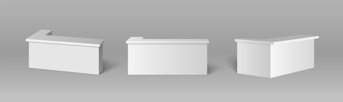 3d realistic white counters, modern trade show booth isolated on background. Vector illustration of exhibition display tables with blank space for branding, promo event stand designs, reception stall