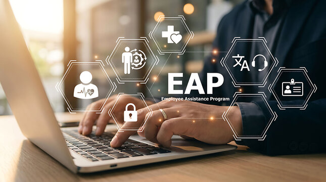 Employee assistance program EAP concept with corporate worker typing on laptop