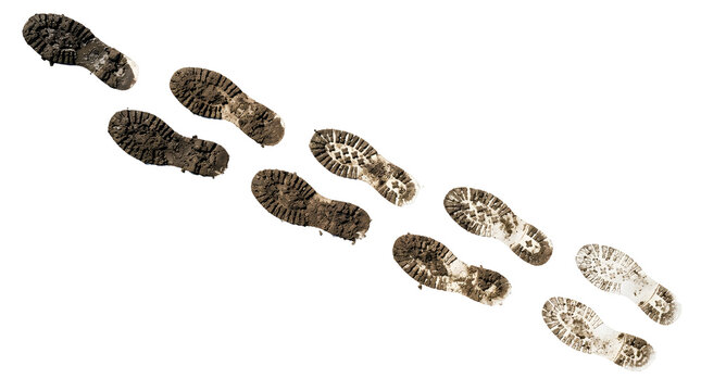 Muddy boot prints forming a walking trail isolated on a transparent background for design projects