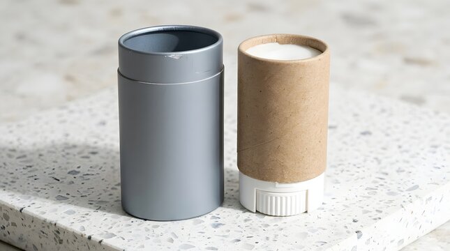 Sustainable deodorant stick featuring paper refillable insert and silver casing on stone base.