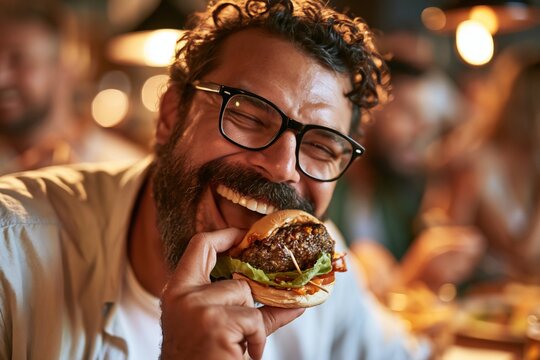 Joyful man with a beard and glasses eagerly takes a large bite of a delicious gourmet burger