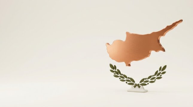 Copper map silhouette of Cyprus with olive branches symbolizing independence