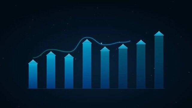 Digital business growth chart with rising blue arrow bar columns