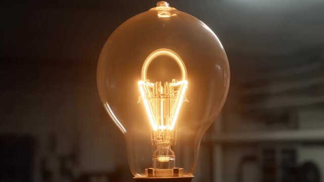 Incandescent light bulb displayed in dark workshop with exposed metal filament