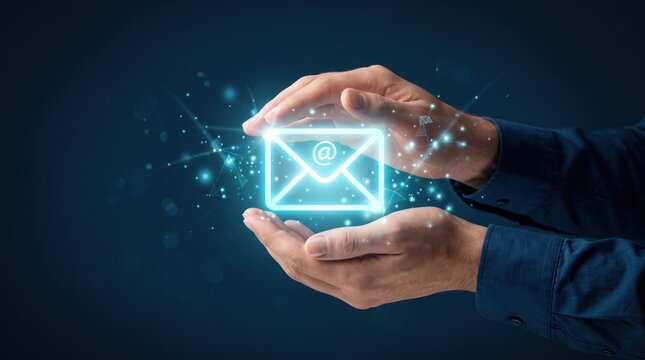 Hands holding glowing email envelope icon with digital particles, secure communication and message concept, futuristic technology background for marketing and contact support