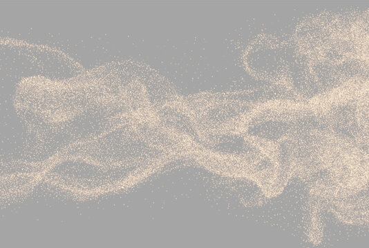 Abstract glowing particle waves forming flowing misty ribbons across soft gray background, shimmering luminous texture with airy motion, elegant digital sparkle pattern for modern design
