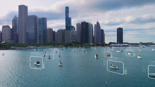 Smart city surveillance technology identifying boats on Lake Michigan for pricing and data collection with Chicago skyline showing augmented reality and AI integration