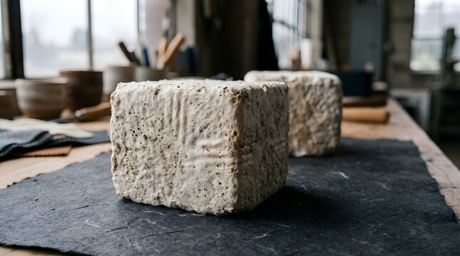 Two cubes of white mushroom mycelium biodegradable packaging material resting on black paper.