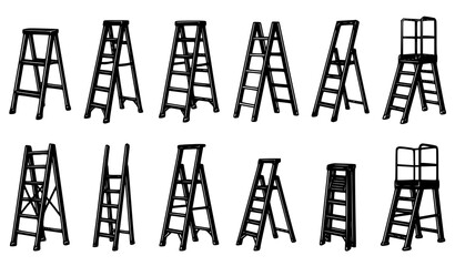 Collection of black line art ladders in various styles and perspectives on white background © Samim