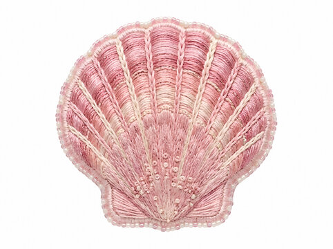 Pink seashell with detailed ridged texture and radiating patterns