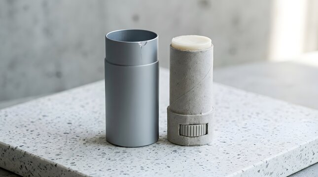 Unbranded deodorant stick with cardboard insert inside silver metal case on grey terrazzo floor.