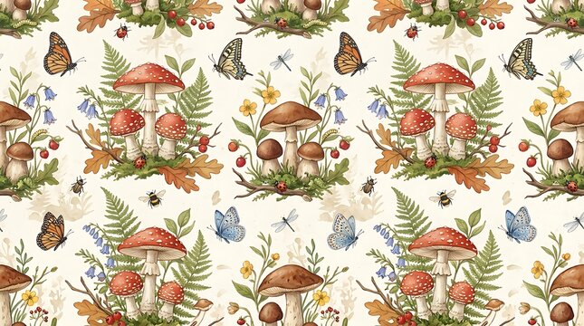 Seamless pattern with mushrooms ferns and butterflies in a wild forest meadow illustration