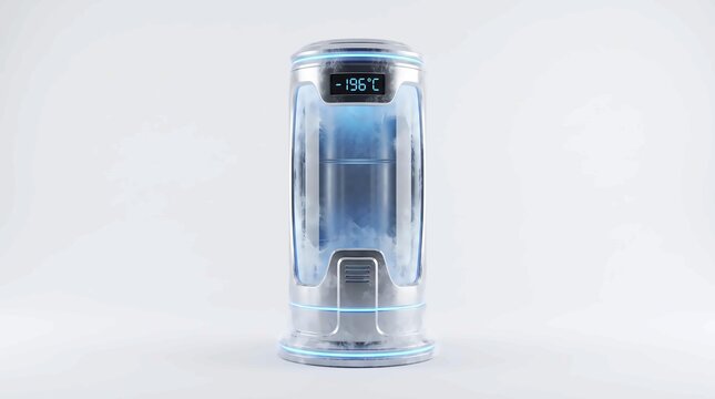 Futuristic cryogenic freezing pod container featuring glowing blue lights and frozen surface textures isolated against a clean white studio background