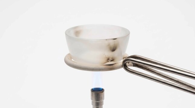 Porcelain crucible sits inside a metal triangle stand being heated by a vibrant blue bunsen burner flame for chemical experiments