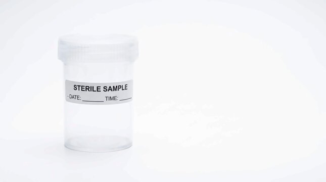 Empty sterile plastic container for medical samples sits isolated on a plain white background with soft studio lighting and detail