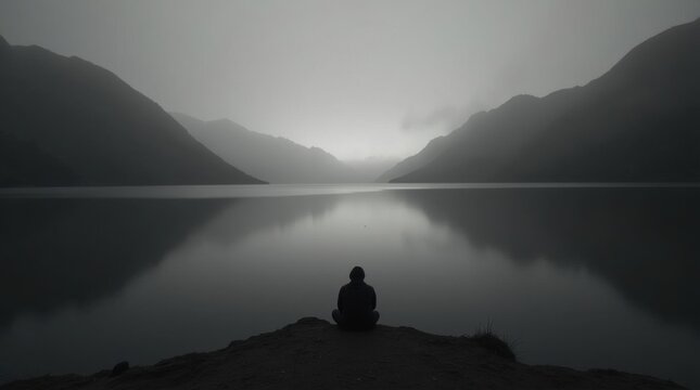 Persona solitaria sentada a solas a la orilla de un vasto y oscuro lago al atardecer, rodeada de monta&ntilde;as lejanas