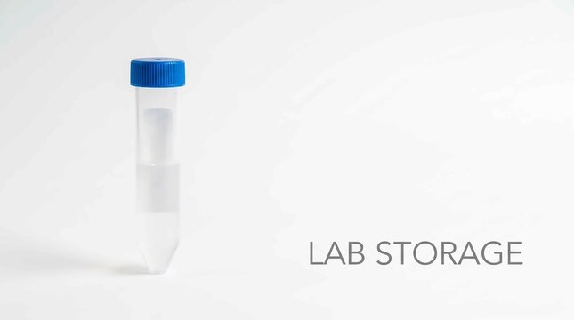 Clear plastic centrifuge tube with blue screw cap standing upright isolated against white background for clinical laboratory research testing purposes