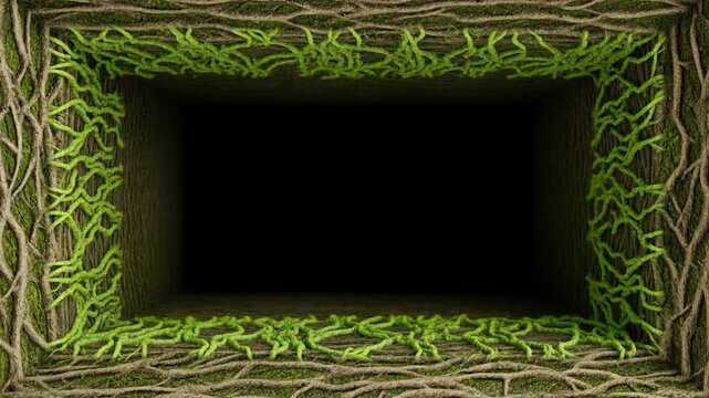 Dark wooden rectangular opening surrounded by green vines in a natural setting