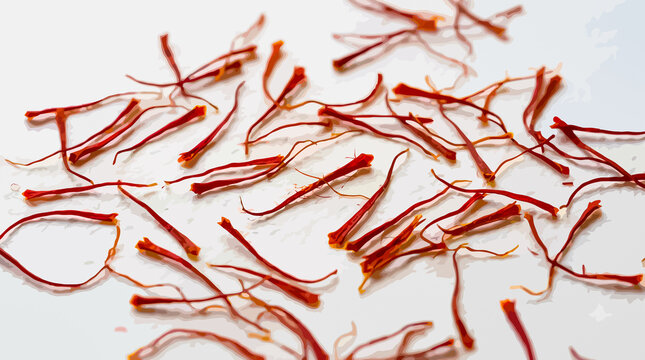 Close up view of red saffron threads scattered on a white background