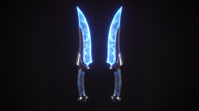 Pair of Fantasy Glowing Blue Plasma Daggers with Futuristic Sci Fi Energy Blades on Black Background 