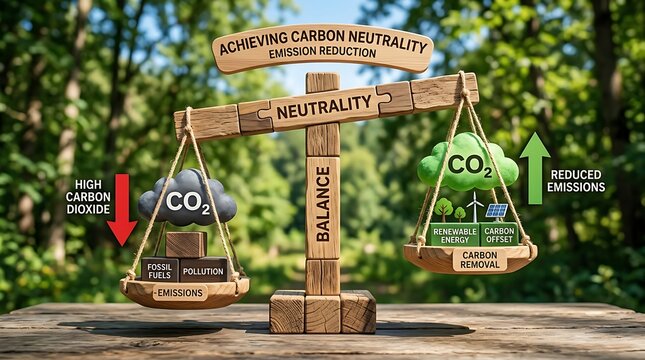 Wooden scale showing carbon neutrality