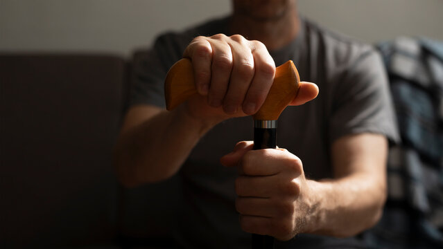 Middle age caucasian man hands holds cane closeup