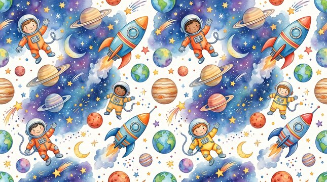 Seamless pattern with cute cartoon astronauts, colorful rockets, planets, and stars in outer space watercolor style