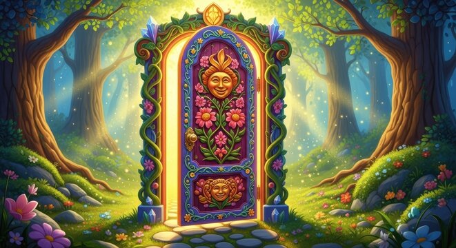 Ornate colorful door standing in lush green sunlit forest.