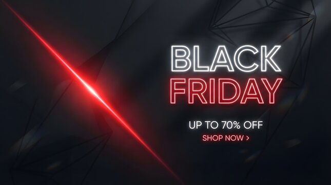 Black friday sale banner with glowing neon text, red light streak, and abstract dark geometric wireframe background for digital marketing