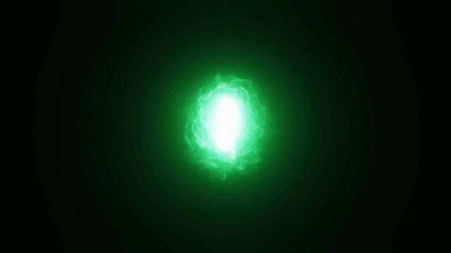 Glowing green energy ring rotating and shrinking into light point on black background