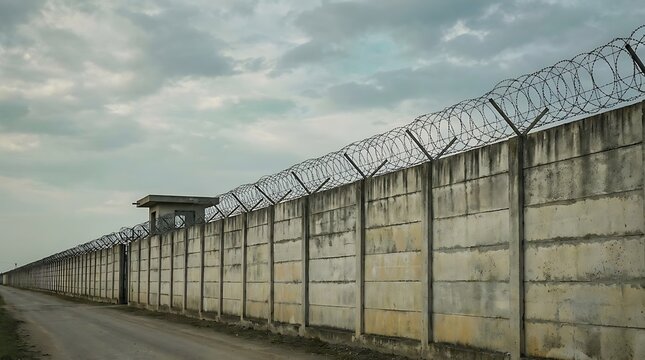 Security fence with razor wire atop a long concrete wall under a cloudy sky