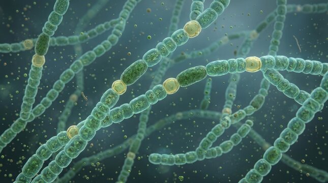 Microscopic view of filamentous cyanobacteria with heterocysts