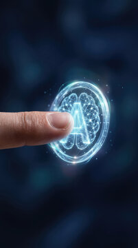 Finger touching a glowing futuristic artificial intelligence hologram with brain and network. Advanced chatbot technology.