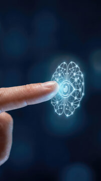 A human finger touching a glowing digital brain interface with an eye symbol. Artificial intelligence automation and smart chatbot technology. Advanced digital assistant system interaction.