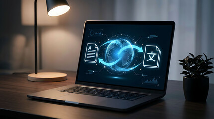 Fototapeta premium Modern laptop on a wooden desk displaying digital translation software interface
