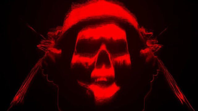 Glowing Red Skull Screaming and Morphing with Glitch Effects on Black Background