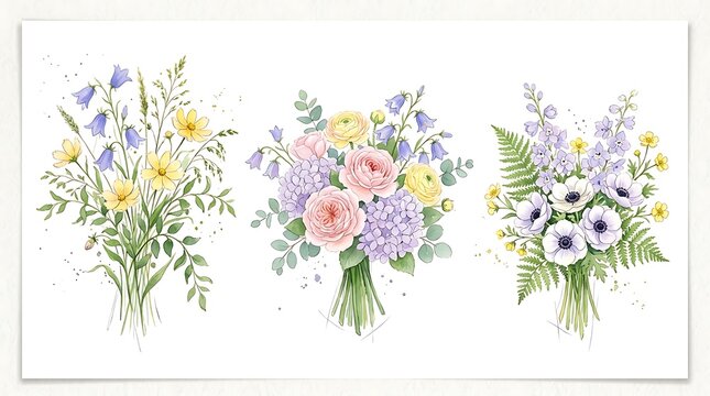 Set of three hand drawn floral bouquets with colorful wild flowers and greenery in a soft artistic sketch style