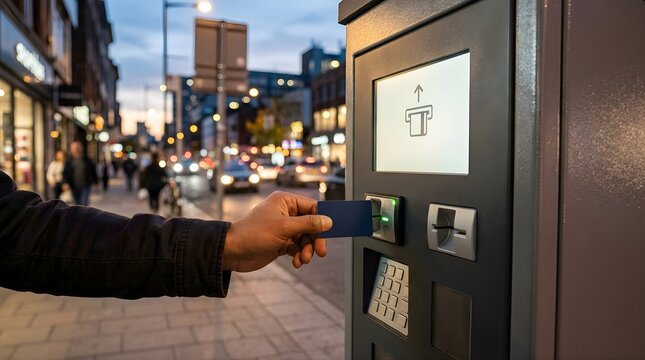 Person paying for parking with a credit card at an outdoor kiosk at night