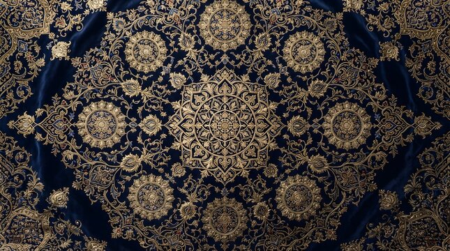 Intricate gold damask pattern on a dark blue textile background with dark luxury