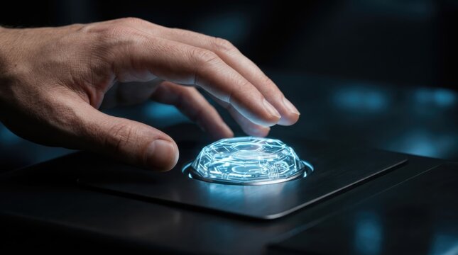 Extreme close-up of a human hand interacting with a glowing futuristic digital assistant button. AI automation and smart technology control panel. Innovative machine interface in modern dark interior.