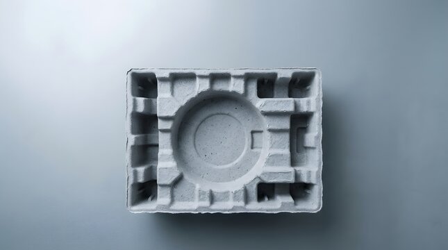 Empty gray molded paper protective packaging insert for industrial electronics or appliance.