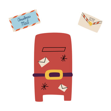 Christmas Mailbox With Flying Letters. Hand-drawn red mailbox with a decorative belt buckle and scattered flying letters, flat vector illustration for holiday mail design.
