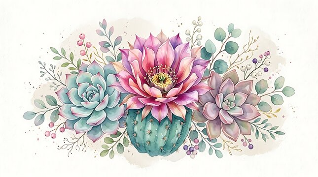 Beautiful watercolor arrangement with a blooming pink cactus flower and green succulents for floral design projects
