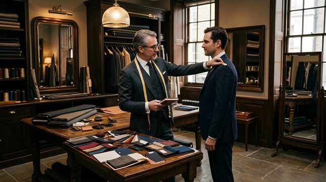 Professional tailor measuring client for custom suit in luxury atelier