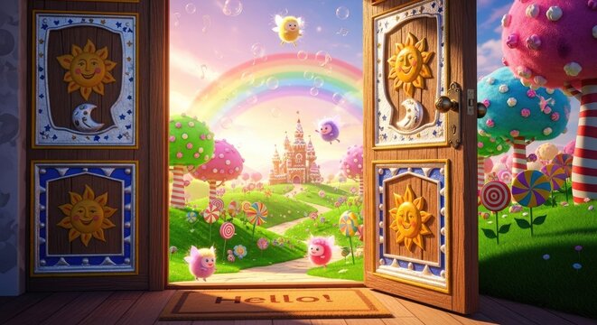 Sweet candy land view through open door