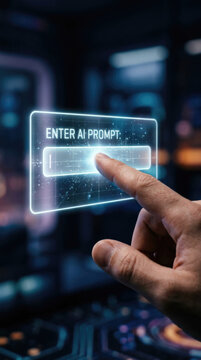 Extreme close-up of a human hand touching a glowing digital interface with text enter ai prompt. Futuristic technology interaction and cybernetic assistant control in a modern virtual environment.