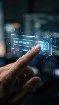 Extreme close-up of a human finger touching a glowing futuristic interface with a virtual button labeled enter prompt. AI automation and digital assistant technology interaction in a dark room.