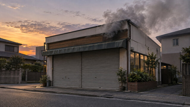 閉店後の無人店舗から煙が立ち上る夕暮れの住宅街