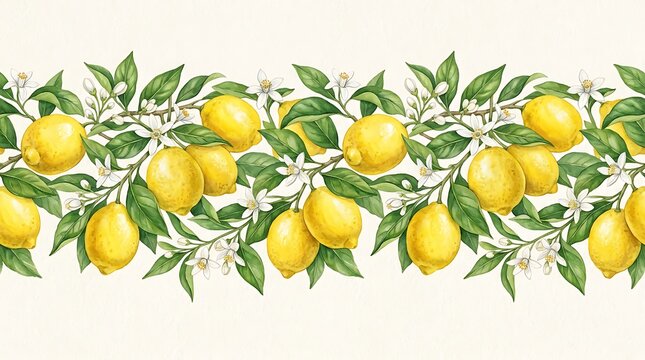 Seamless horizontal border pattern with fresh yellow lemons green leaves and white flowers in a botanical hand drawing